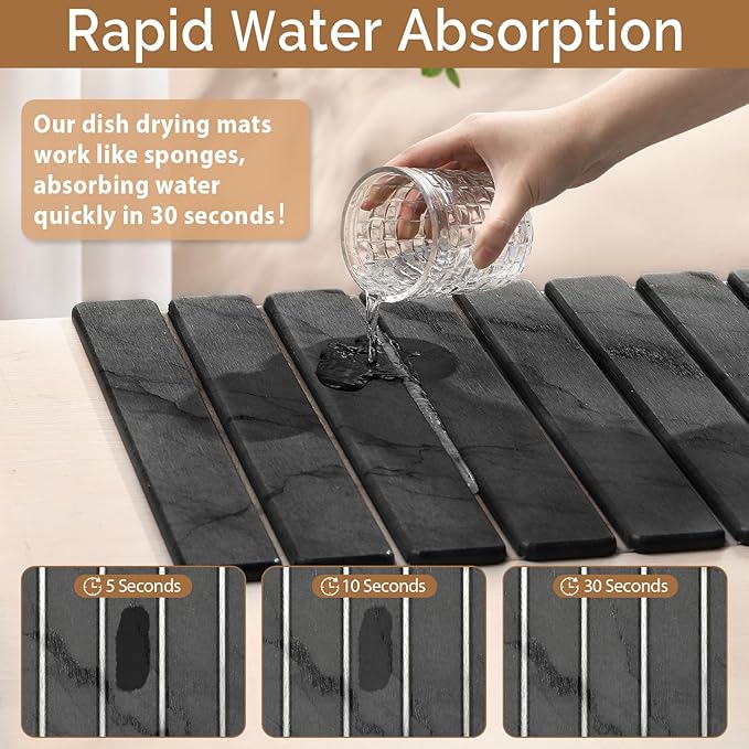 2 PCS Stone Dish Drying Mat for Kitchen Counter,Quick Dry Stone Dishes Mats,Marbled Water Absorbing Diatomaceous Earth Drying Pad for Countertop Bottles Utensils Cups（Dark Gray 20"×14" & 8"x4"）