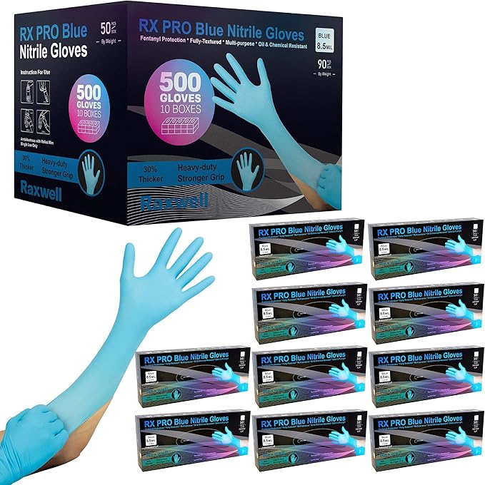 Raxwell Blue Nitrile Disposable Gloves - 8.5mil, Extended Cuff, Latex Free, Food Safe - Waterproof Textured Cleaning Gloves