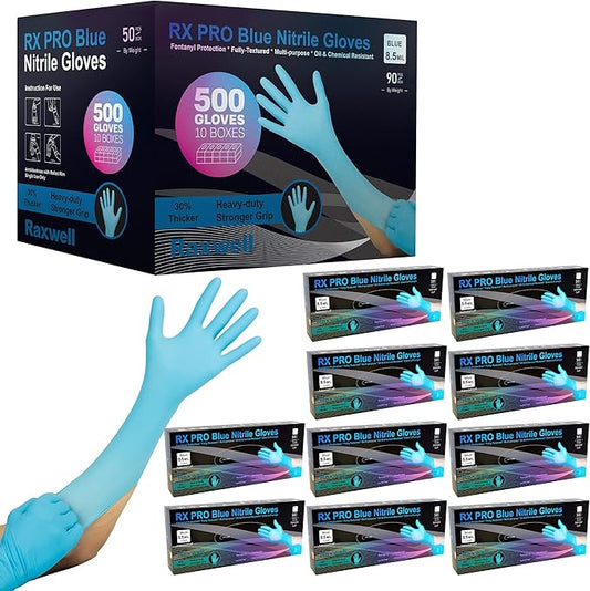 Raxwell Blue Nitrile Disposable Gloves - 8.5mil, Extended Cuff, Latex Free, Food Safe - Waterproof Textured Cleaning Gloves