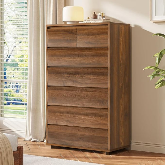SUCSSRICH Tall Dresser for Bedroom, 52.8" Tall Dresser with 7 Drawers, Wood Dressers & Chests of Drawers, Accent Upright Drawer Organizers for Closet, Hallway