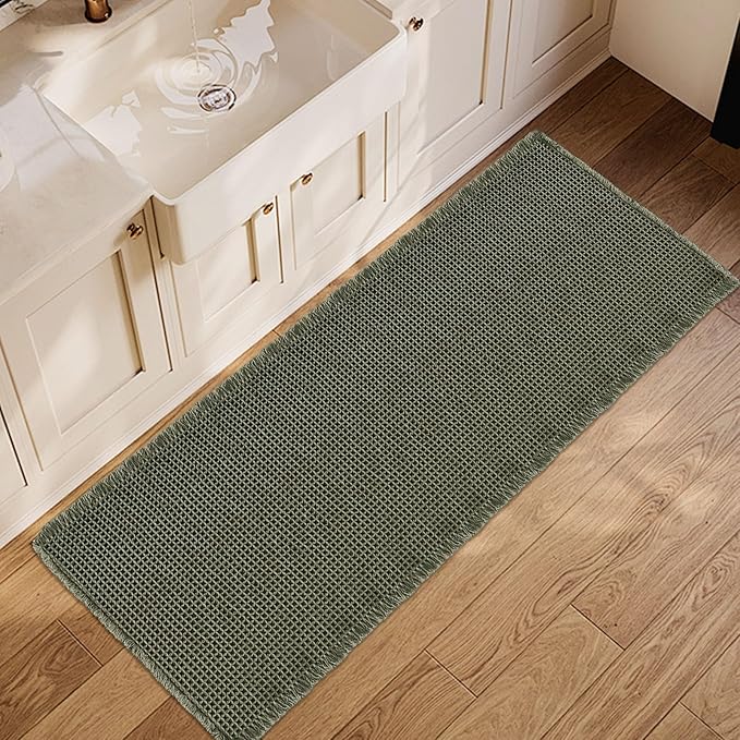 ZALL Waffle Bath Mat,Super Absorbent Non Slip Long Bathroom Runner Rug,Dark Green 24X60inch,Machine Washable Ultra Soft Floor Mats