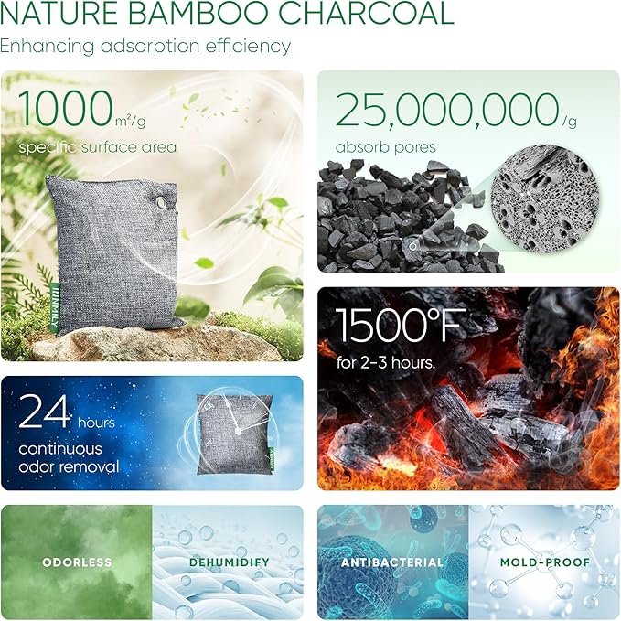 Activated Charcoal Odor Absorber,Large 500g W Hooks Nature Odor Eliminator for Strong Odor,Bamboo Charcoal Air Purifying Bags,Moisture Absorbers for Fresh Home Car Closet Pet,Smoke Smell Deodorizer