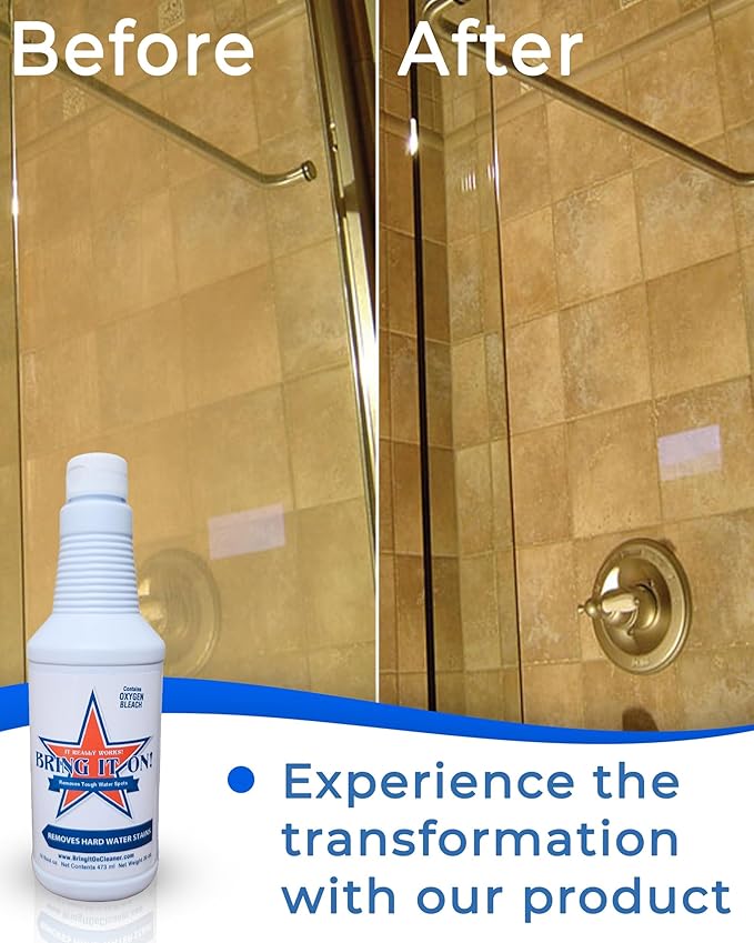 Bring It On Cleaner Hard Water Stain Remover for Glass, Soap Scum remover for Shower glass, Fiberglass, Windows, Tile and Grout Cleaner, Water Spot Remover for Glass Includes Scrubbing Drill Pads