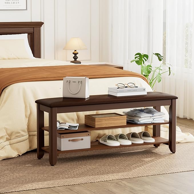 Shoe Rack Bench with Flip-Top Storage, Solid Wood Entryway Bench with Cushion, Adjustable Shelf, for Hallway, Mudroom, Closet – Walnut, 39.4"