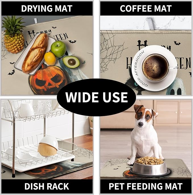 Happy Halloween Dish Drying Mat for Dishs 18x24 Inch Halloween Pumpkin Ghost Black Cat Kitchen Drying Mat Spooky Spiderweb Holiday Dish Drainer Mat Super Absorbent Dish Rack Pad for Coffee Bar Sinks