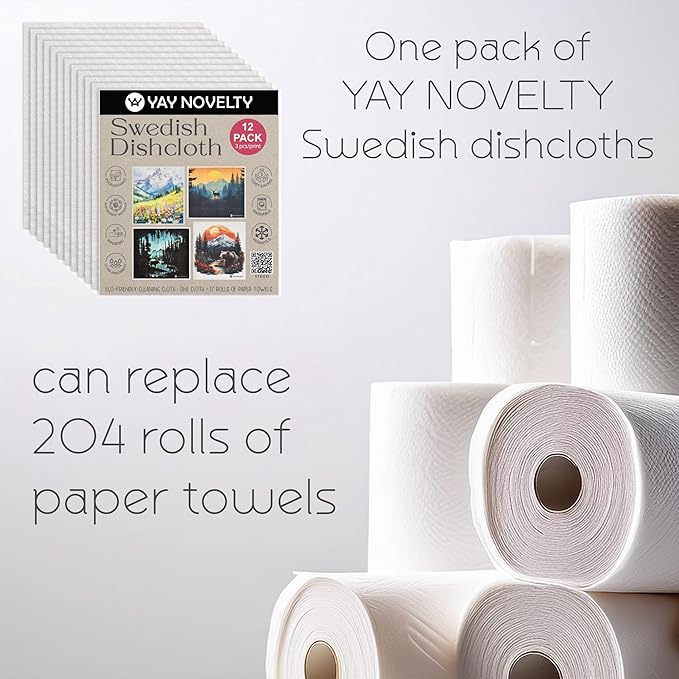 Swedish Dishcloths - 12 Pack | Made in Germany | Ultra-Absorbent, Reusable Cellulose Sponge Cloths for Kitchen | No-Odor, Eco-Friendly Cleaning Wipes | Water-Based Ink | Leaves