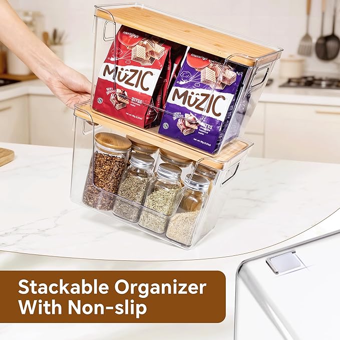 Criusia 2 Set Pantry Organizers and Storage with Bamboo Lids, Stackable Clear Bins for Onion, Potato, Fruit, Vegetables, Trash Bag Dispenser, Kitchen and Under Sink Organizer