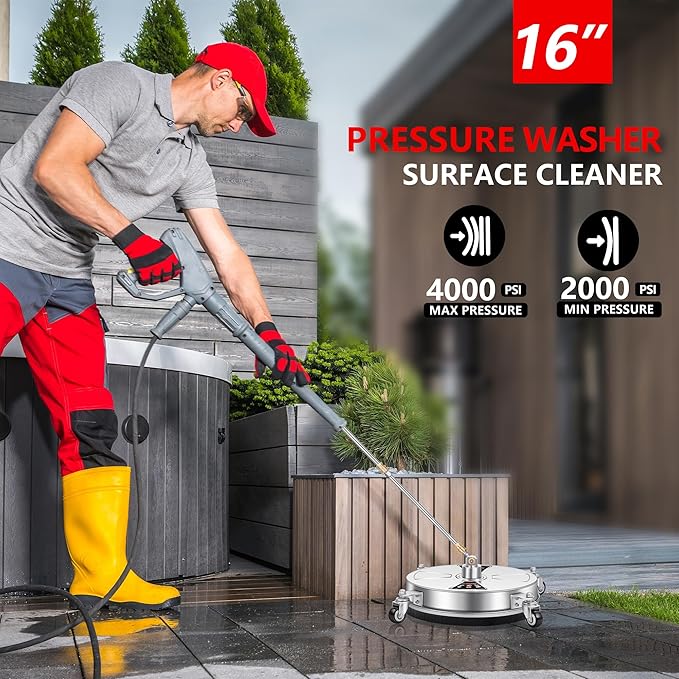 16" Pressure Washer Surface Cleaner Pro with 4 Wheels, Stainless Steel 2 Extension Wands, Power Washer Surface Cleaner Hot Water Supported for Patio Decker Concrete Driveway, 3000 PSI