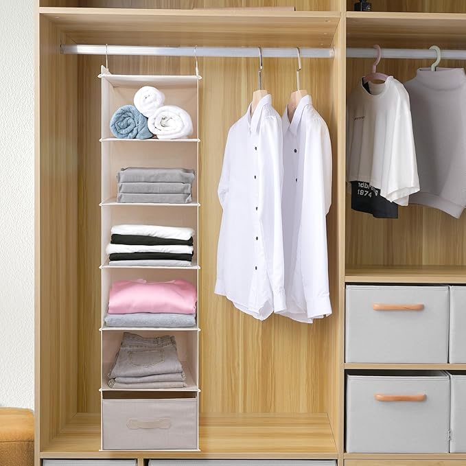 Large Hanging Sweater Organizer for Closet,Collapsible 6-Shelf Hanging Closet Shelves with Drawers, Washable (Beige -6 Shelf-1 d)