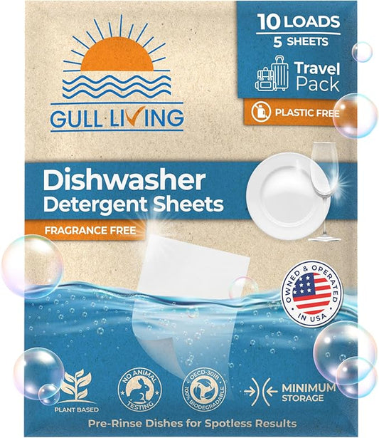 Gull living Eco-Friendly Dishwasher Detergent Sheets - Natural Dishwashing Detergent - Plant Based Dishwasher Soap Sheets - Unscented & Plastic Free Travel Size 10 loads with sustainable Packaging.