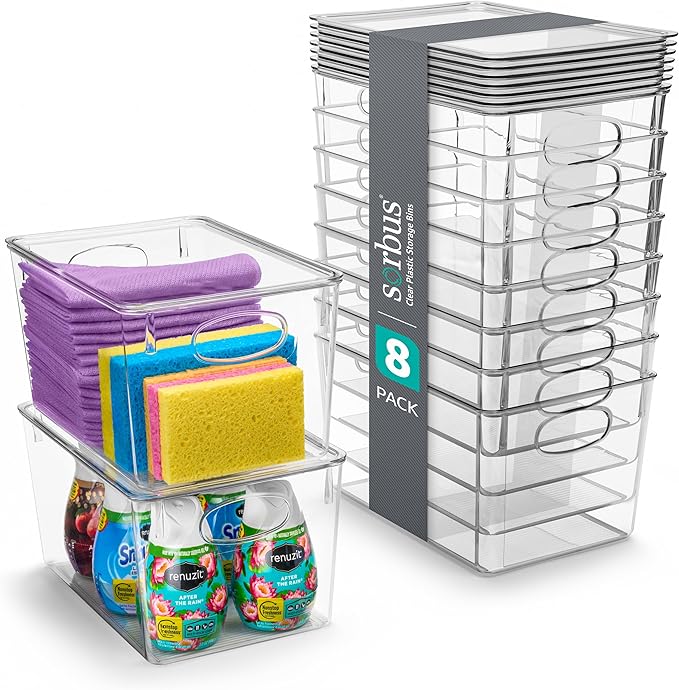 Sorbus Large Clear Plastic Storage Bins with Lids, Clear Stackable Storage Bins, Laundry Room Organizer Bins, Office, Classroom, Playroom, Bathroom, Laundry Room Organization and Storage (8 Pack)