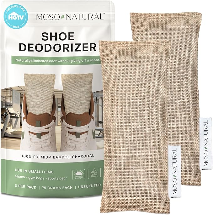 Moso Natural Shoe Deodorizer Inserts, HGTV Editor's Pick, Reusable Charcoal Odor Absorber for Shoes, Gym Bags, Sports Gear. Shoe Odor Elimination Air Purifying Bags (Beige) Two Per Pack