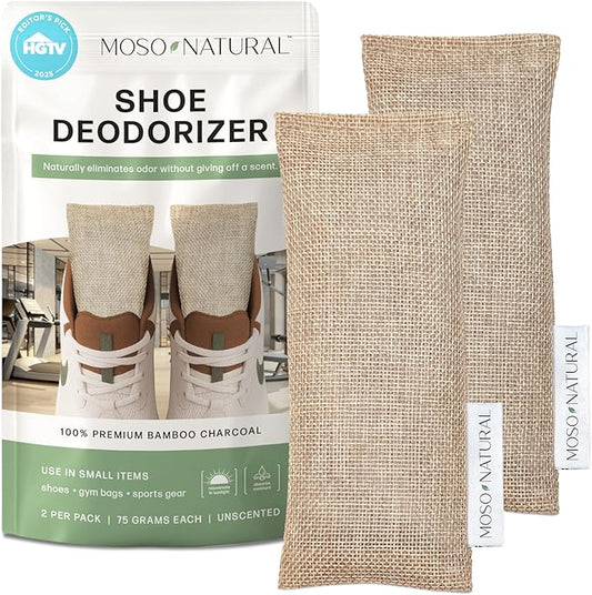Moso Natural Shoe Deodorizer Inserts, HGTV Editor's Pick, Reusable Charcoal Odor Absorber for Shoes, Gym Bags, Sports Gear. Shoe Odor Elimination Air Purifying Bags (Beige) Two Per Pack