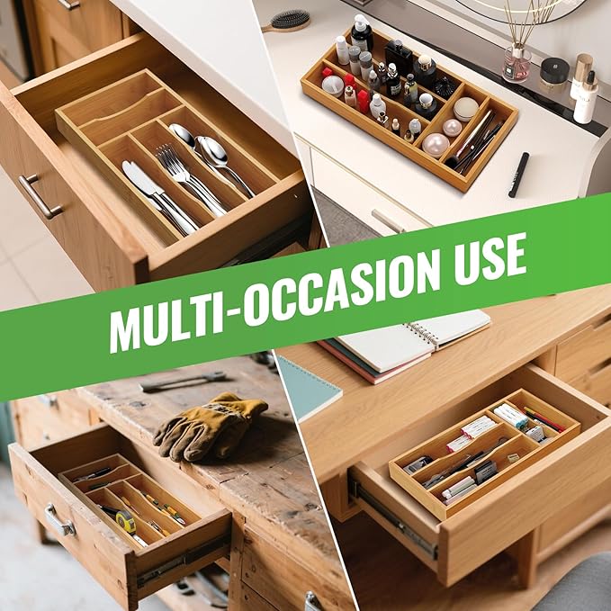 Small Silverware Organizer, Bamboo Kitchen Drawer Cutlery Organizer, Utensil Holder, Flatware Organizer Tray (14.2"x6.7"x1.6")