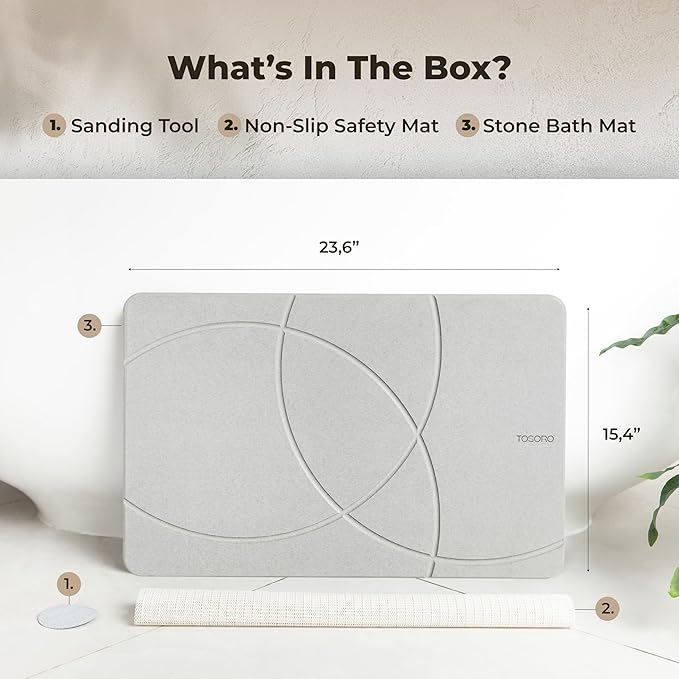 Stone Bath Mat, Diatomaceous Earth Non-Slip Stone Shower Mat - Quick Drying Absorbent Bath Mats for Bathroom - Elegant & Modern Design, Easy to Clean (23.5 x 15) - Grey