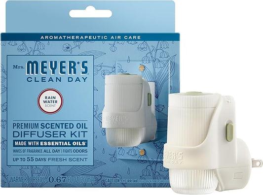 MRS. MEYER'S CLEAN DAY Premium Scented Oil Diffuser Kit, Rain Water, 1 warmer and .67 fl oz refill