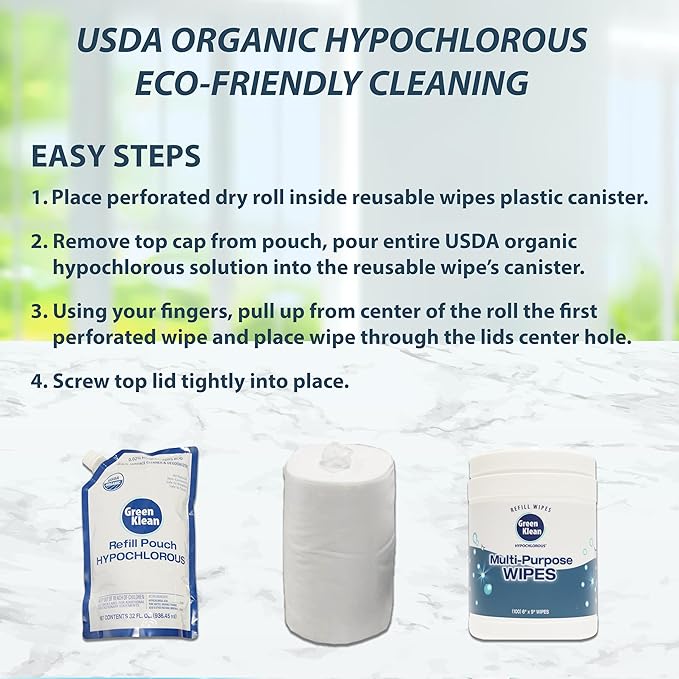 Hypochlorous Acid Wipes Starter Kit – 100 Count Dry Wipes with 32 oz Organic HOCl Cleaning Solution– Disinfecting Wipes for Skin, Baby, Pet & Home in a Reusable Container