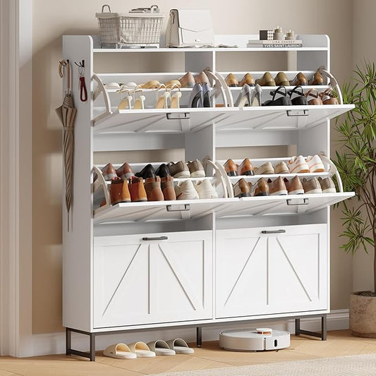 Shoe Cabinet with 6 Flip Drawers, Freestanding Hidden Shoe Storage Organizer for Entryway, Narrow Slim Shoe Rack Cabinet with Open Storage & Hooks for Front Door Entrance, Living Room, Hallway, White