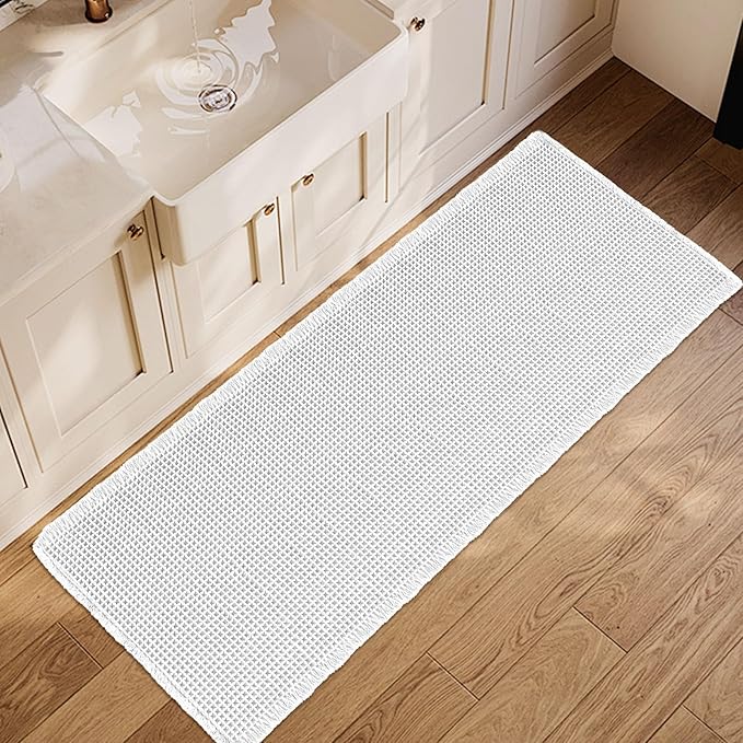 ZALL Waffle Bath Mat White Super Absorbent Non Slip Bathroom Rug 24X60inch,Machine Washable Ultra Soft Floor Mats