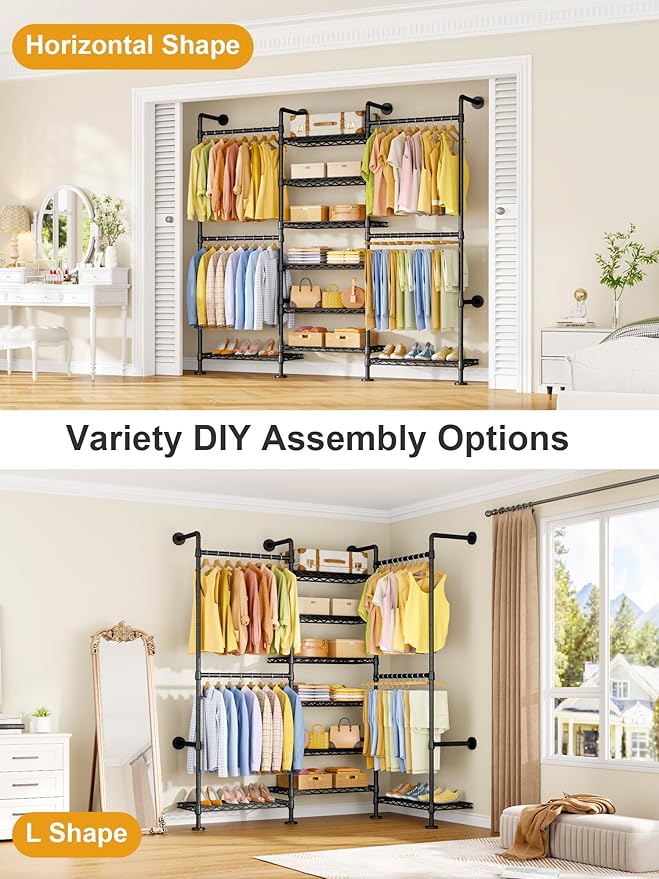 M6 Clothes Rack for Wall Mounted, Heavy Duty Closet Wardrobe System with 8 Shelves and 4 Hanger Rods, 68.5" W x 11.8" D x 86.6" H Clothing Storage Organizer for Holding 1064lbs, Black