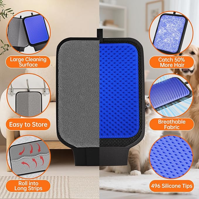 2 in 1 Pet Hair Removal Glove, Upgraded Pet Hair Remover Tool with Wrist Strap, Gentle Shedding Silicone Brushes for Dogs & Cats, Efficient Pet Hair Gloves for Couch Carpet Clothing (Blue)