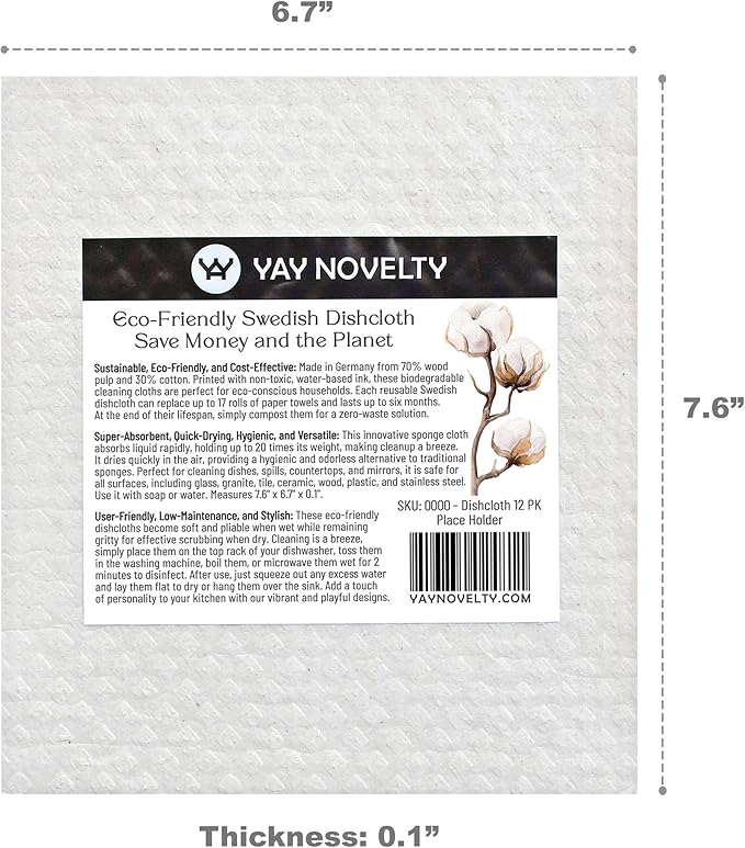 Swedish Dishcloths - 12 Pack | Made in Germany | Ultra-Absorbent, Reusable Cellulose Sponge Cloths for Kitchen | No-Odor, Eco-Friendly Cleaning Wipes | Water-Based Ink | Leaves