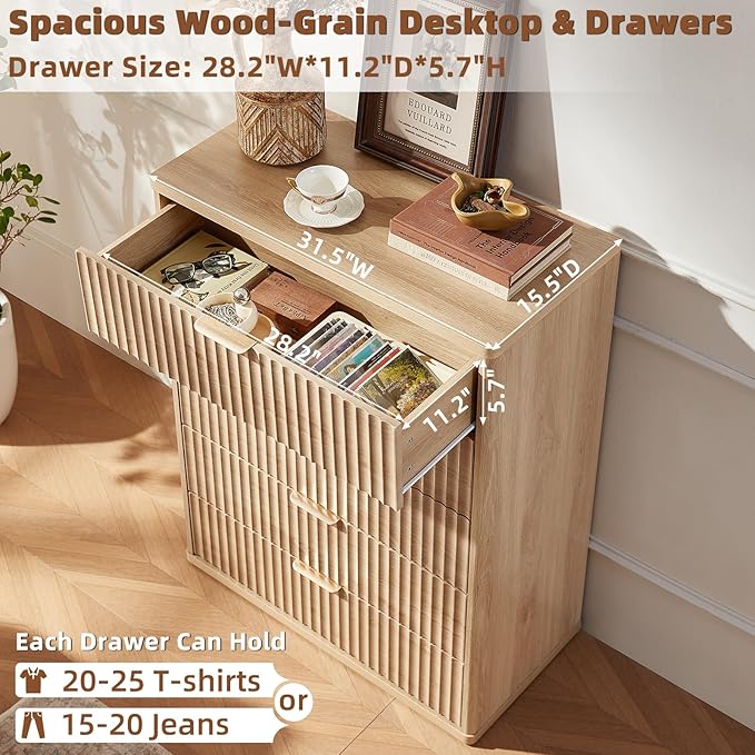 LEYAOYAO Fluted 5 Drawers Dresser Set of 2, 41" Tall Modern Chest of Drawers with Metal Handle, Curved Profile Dresser TV Stand, Wooden Drawer Organizer for Bedroom, Living Room, Hallway, Navy Blue