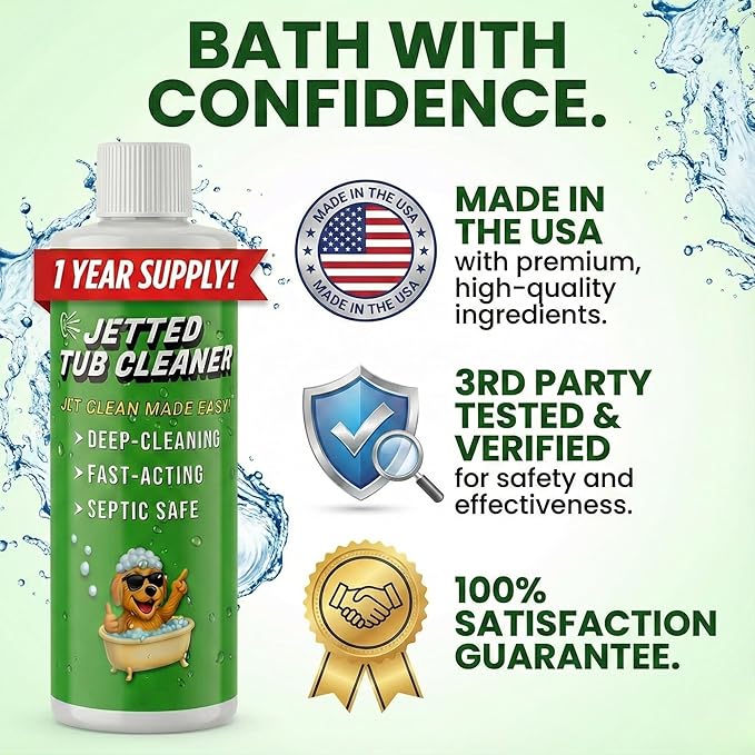 Jetted Tub Cleaner for Whirlpool & Jacuzzi Baths – Deep Jet Line & Pipe Flush Formula Removes Yuck, Buildup & Residue – Heavy Duty Bathtub Jet Cleaner for Acrylic & Fiberglass Tubs – Made in USA