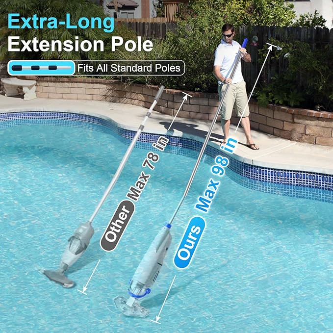 (2025 Upgraded) Cordless Pool Vacuum with Telescopic Pole, 60 Min Powerful Suction & Large Head, Rechargeable Handheld Cleaner for Above Ground Pools, Inground Pools, Hot Tubs, and Spa
