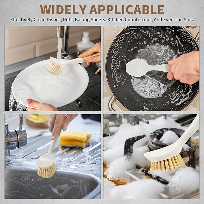 Dish Brush with Built-in Scraper - 4 Pack Bamboo Dish Scrubber Brush with Handle, Kitchen Brushes for Dishes & Pots, Sink, Eco Cleaning Tool Set