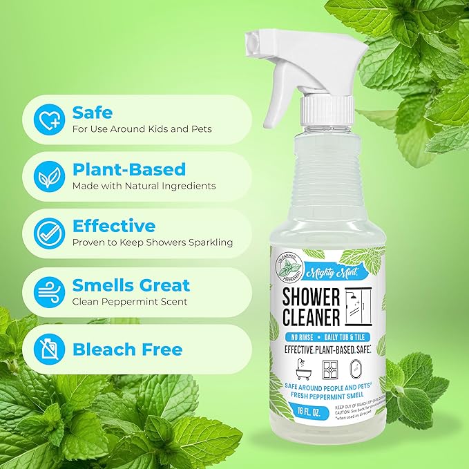 Mighty Mint Shower Cleaner, No-Rinse, No-Scrub, Daily Spray for Glass, Tile, Grout, Fresh Peppermint Scent, 16oz (Pack of 2)