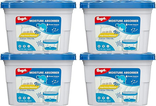 Bagus Moisture Absorbers Boxes (4 Pack) - 10.5 Oz Dehumidification Containers for Closet, Bathroom, Storage, Kitchen, Car, RV, Boat | Long-Lasting Humidity Control & Odor-Free Solution(Ocean Breeze)