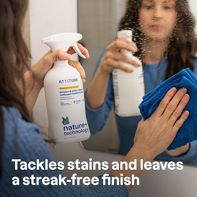 ATTITUDE Window & Mirror Cleaner, EWG Verified, Plant- & Mineral-Based, Vegan & Streak-Free Glass Spray, Citrus Zest Scent, 27.1 Fl Oz