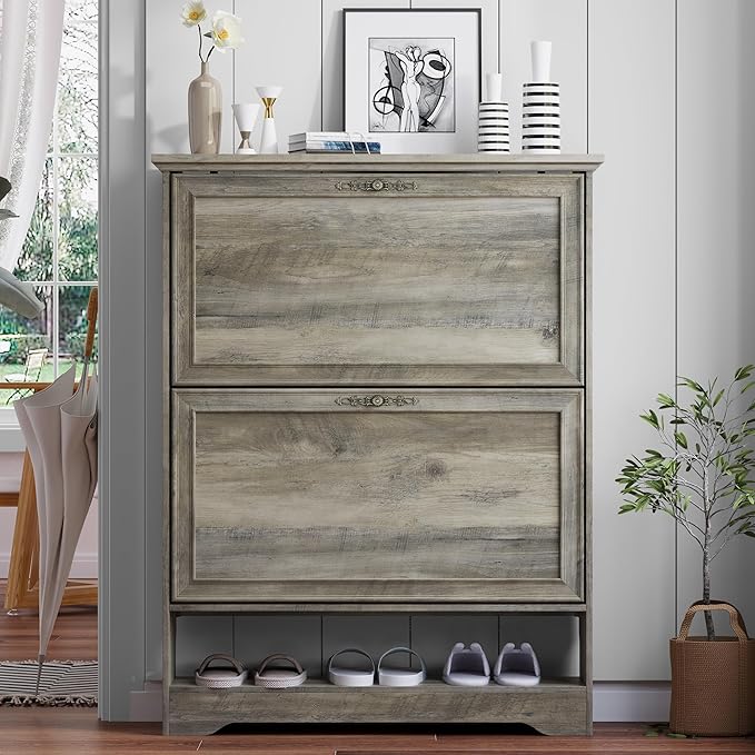 Shoe Cabinet for Entryway, Slim Shoe Storage Cabinet with Adjustable Shelves, Wooden Rack and Organizer for Small Spaces, Closet, Foyer, Hallway