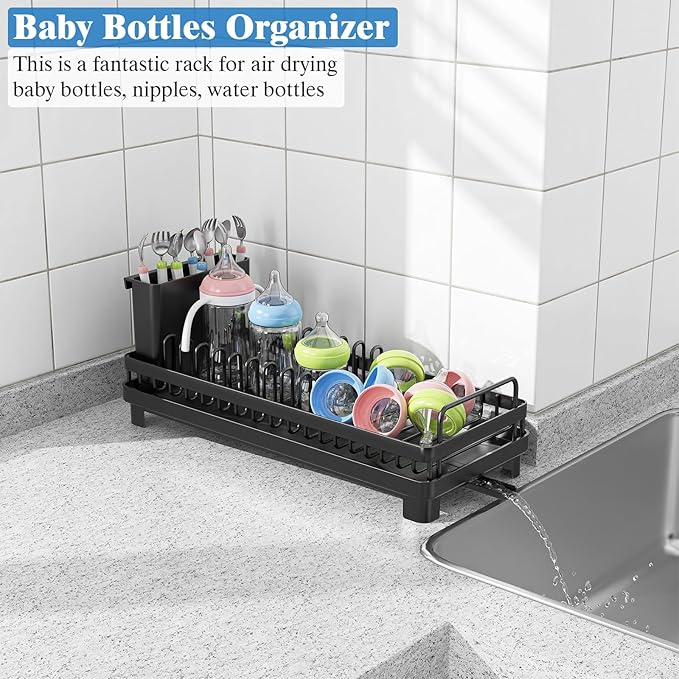 Small Dish Drying Rack, Compact Sink Dish Drainer Plate Rack Organizer with Utensil Holder and Drainbaord for Kitchen Counter, RVs, Apartments