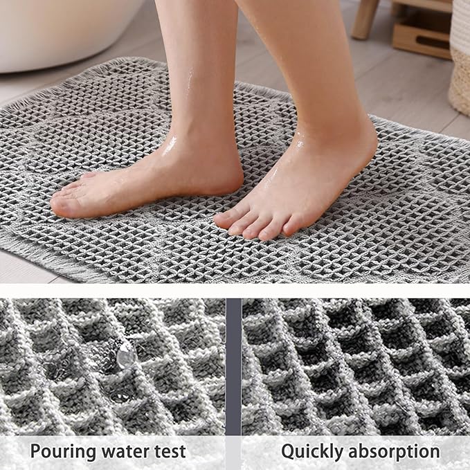 ZALL Waffle Bath Mat,Super Absorbent Non Slip Bathroom Rug,Grey 18x30inch,Geometric Diamond Machine Washable Ultra Soft Floor Mats Gray