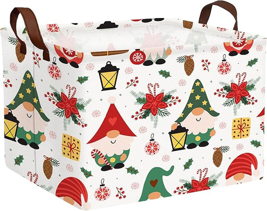 Large Christmas Gifts Empty Baskets Kids Collapsible Holiday Storage Bin with Handle (Gnome Red Flower)