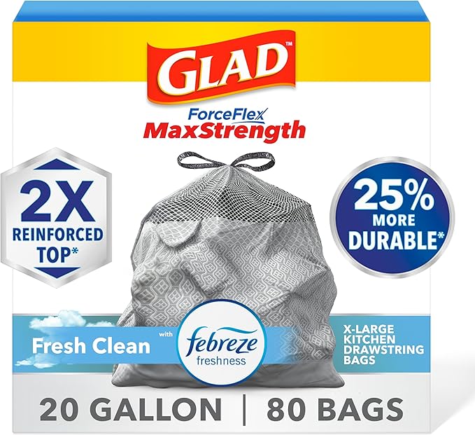 Glad ForceFlex MaxStrength Kitchen Trash Bags, 20 Gal, Fresh Clean Febreze, 80 Ct (Package May Vary)