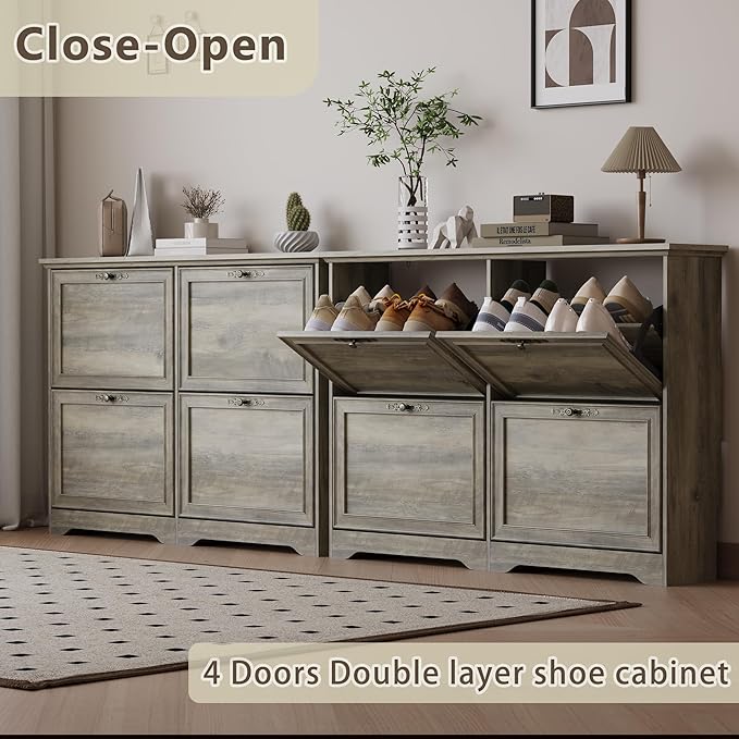 Large Shoe Cabinet for Entryway, 4 Flip Drawer Organizer with Adjustable Shelves, Wooden Slim Shoe Storage Cabinet and Rack for Closet, Hallway, Foyer