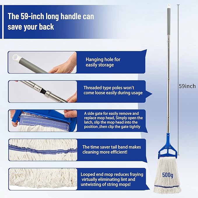 35QT Side-Press Mop Bucket and Wringer Combo on Wheels, Yellow,Including One Heavy Duty Industrial Mop and One Set Large Rubber Cleaning Gloves