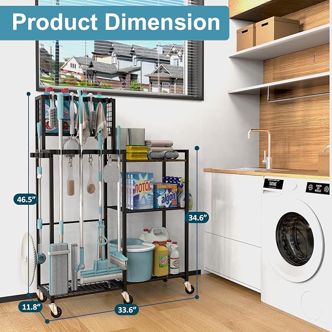 Broom Holder with Cleaning Supplies Organizer, Cleaning Cart with Broom Hanger, Broom and Mop Holder with Wheels,11 Mop Hanger Grippers & 6 Hooks, Broom Organizer for Laundry, Garage, Tool Room