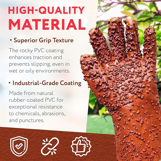 ABC PACK & SUPPLY Natural Rubber Coated PVC Gloves, Men's Size. Dark Red Waterproof Work Gloves for Men with a Rocky Finish
