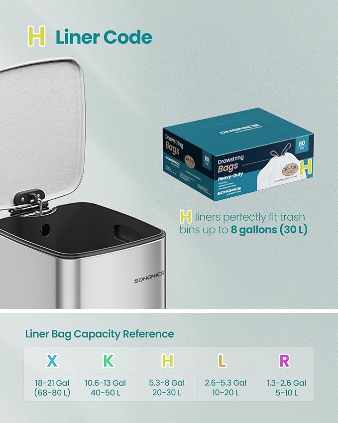 SONGMICS Trash Bags for 8-Gallon (30 L) Trash Cans, Drawstring Kitchen Garbage Bags, Pre-Separated, Quick-Dispense Box, Liner Code H, 2 Rolls, 80 Count, White UKRB031A02