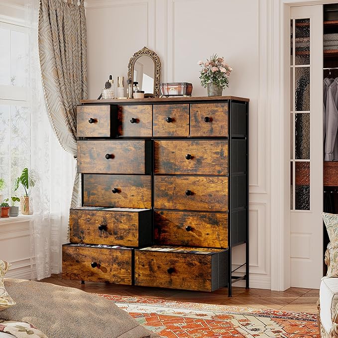 Dresser for Bedroom Drawer Organizer Storage Drawers, Fabric Dressers & Chests of Drawers, Sturdy Metal Frame, Wood Top, Entryway, Bedroom Furniture (Rustic Brown)