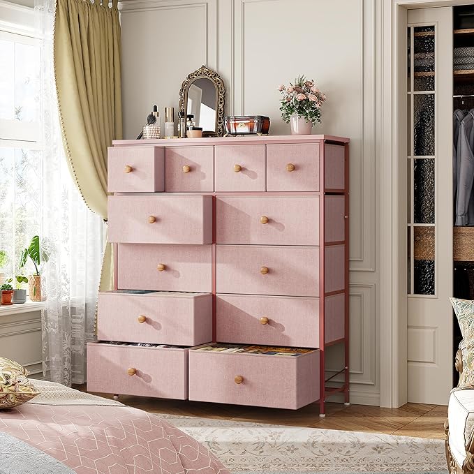 Dresser for Bedroom Drawer Organizer Storage Drawers, Fabric Dressers & Chests of Drawers, Sturdy Metal Frame, Wood Top, Entryway, Bedroom Furniture (Pink)