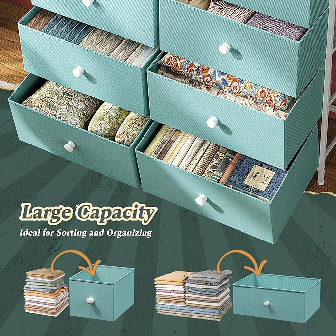 Dresser for Bedroom Drawer Organizer Storage Drawers, Fabric Dressers & Chests of Drawers, Sturdy Metal Frame, Wood Top, Entryway, Bedroom Furniture (Turquoise)