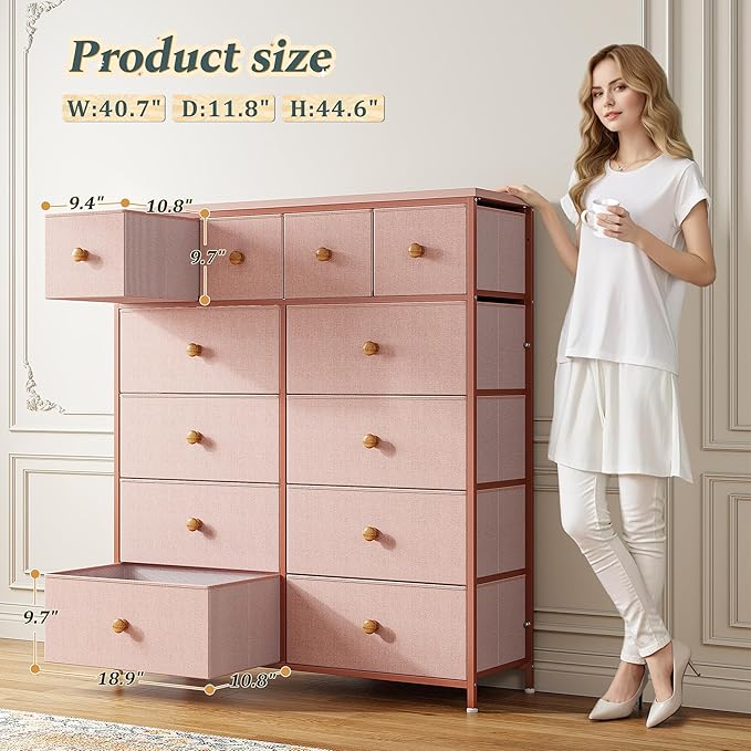 Dresser for Bedroom Drawer Organizer Storage Drawers, Fabric Dressers & Chests of Drawers, Sturdy Metal Frame, Wood Top, Entryway, Bedroom Furniture (Pink)