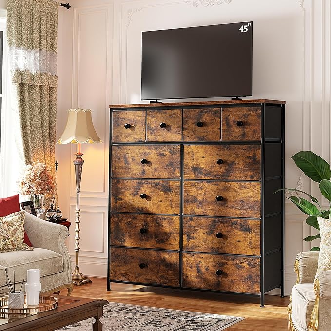Dresser for Bedroom Drawer Organizer Storage Drawers, Fabric Dressers & Chests of Drawers, Sturdy Metal Frame, Wood Top, Entryway, Bedroom Furniture (Rustic Brown)