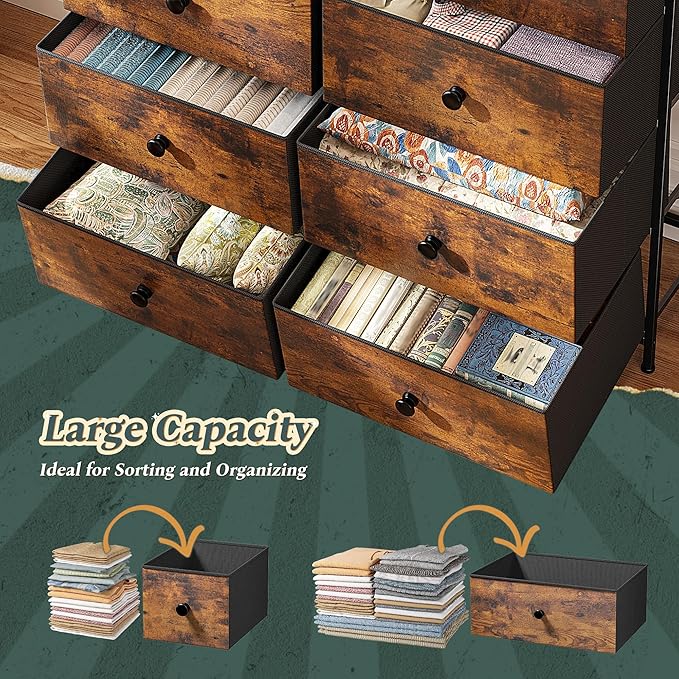 Dresser for Bedroom Drawer Organizer Storage Drawers, Fabric Dressers & Chests of Drawers, Sturdy Metal Frame, Wood Top, Entryway, Bedroom Furniture (Rustic Brown)