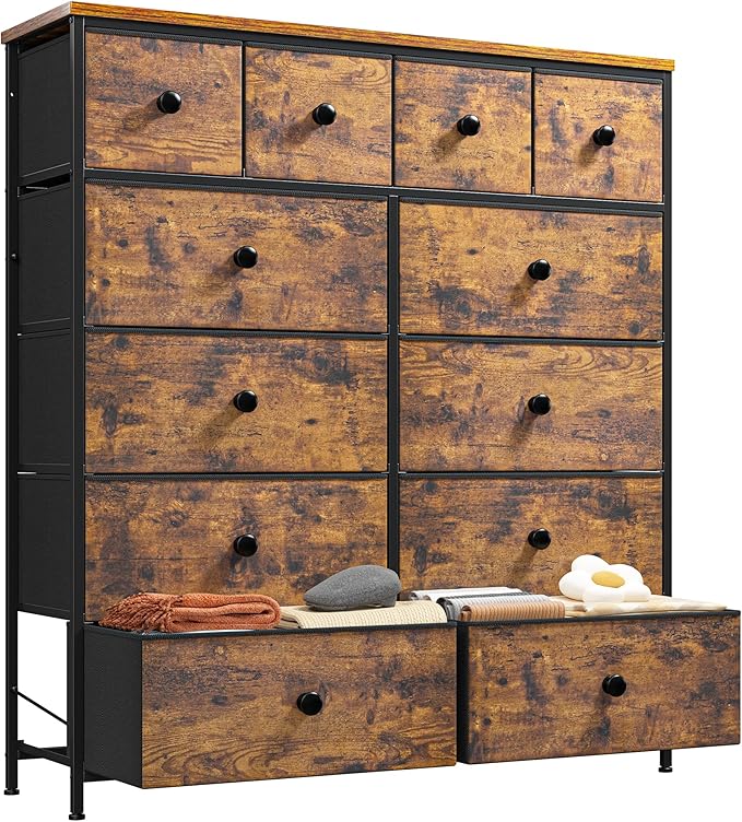 Dresser for Bedroom Drawer Organizer Storage Drawers, Fabric Dressers & Chests of Drawers, Sturdy Metal Frame, Wood Top, Entryway, Bedroom Furniture (Rustic Brown)